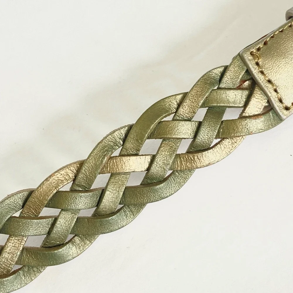 3/$25 Talbots Metallic Sage Green Braided‎ Leather Belt Gold Buckle 31-35 inch